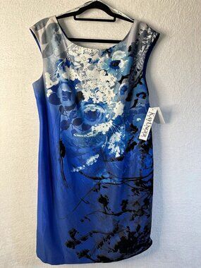 Kay Unger Dress Silk Blend Flocked Velvet Blue Abstract Floral